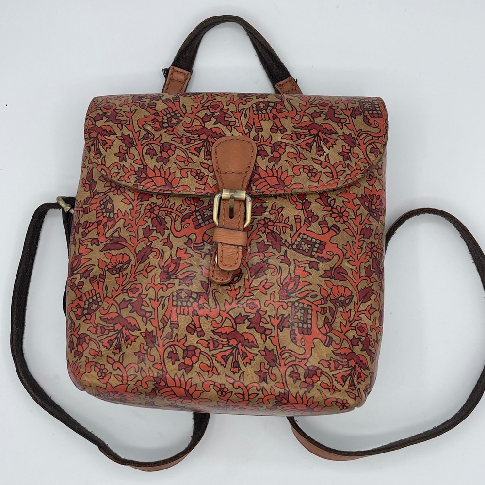 Patricia Nash Leather Mini Backpack Red Floral Elephant Print Boho Buckle Bag - Picture 2 of 13